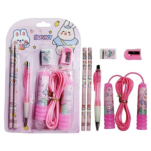 Stationery Set for Kids - 6 Pcs Combo | Includes Pen, Pencil, Sharpener, Eraser, and Skipping Rope | Perfect Birthday Return Gifts for Girls and boys