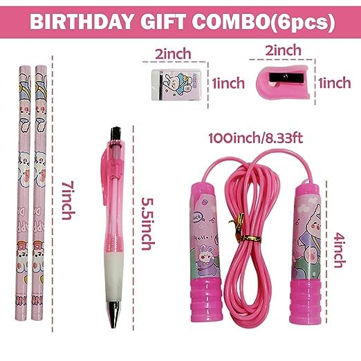 Stationery Set for Kids - 6 Pcs Combo | Includes Pen, Pencil, Sharpener, Eraser, and Skipping Rope | Perfect Birthday Return Gifts for Girls and boys