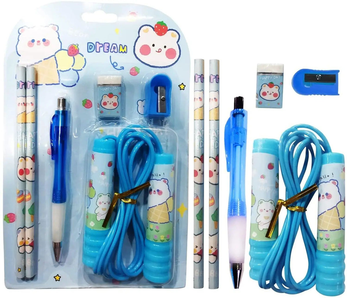 Stationery Set for Kids - 6 Pcs Combo | Includes Pen, Pencil, Sharpener, Eraser, and Skipping Rope | Perfect Birthday Return Gifts for Girls and boys