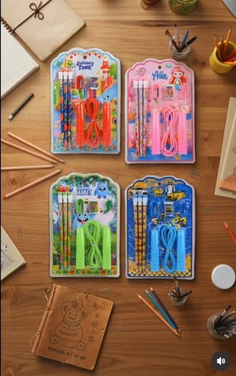 Stationery Set for Kids - 6 Pcs Combo | Includes Pen, Pencil, Sharpener, Eraser, and Skipping Rope | Perfect Birthday Return Gifts for Girls and boys