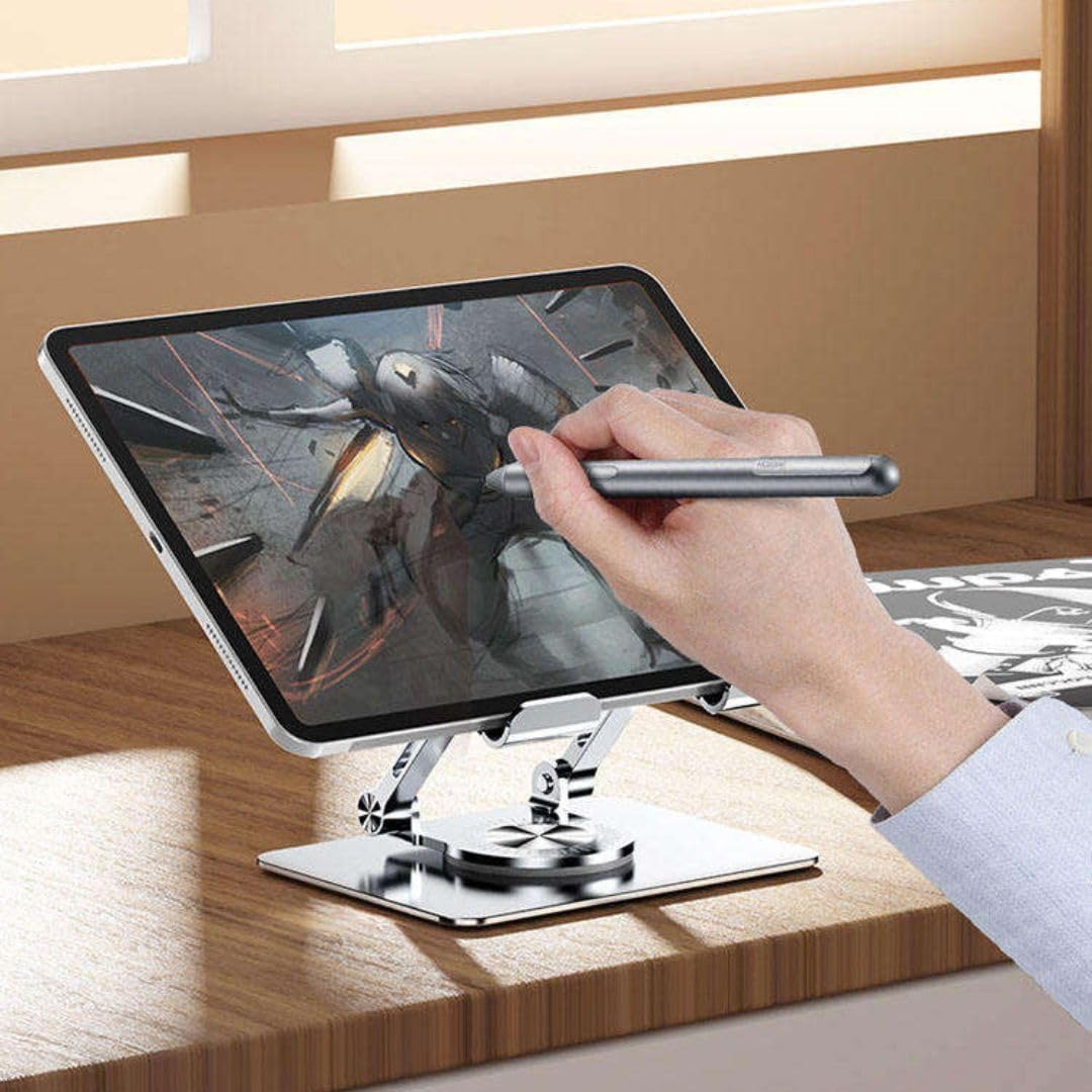 Premium Adjustable Foldable Metal Mobile & Tablet Stand for Desk, Office, Study, Kitchen & Gaming – Heavy Duty 360° Rotating Multi-Angle Mobile Compatible with All Smartphones(Black/Silver)