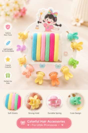 {12 Pcs} Kids Hair Accessories Set | Mini Claw Hair Clips & Soft Elastic Hair Bands | Cute Multicolor Hair Accessories for Girls