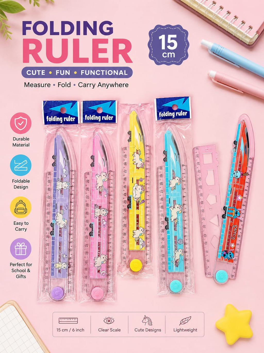 Magical Unicorn 2-in-1 Folding Ruler | 30cm Measuring Scale with Built-in Geometry Shapes | Foldable Plastic Ruler for Kids, School & Office