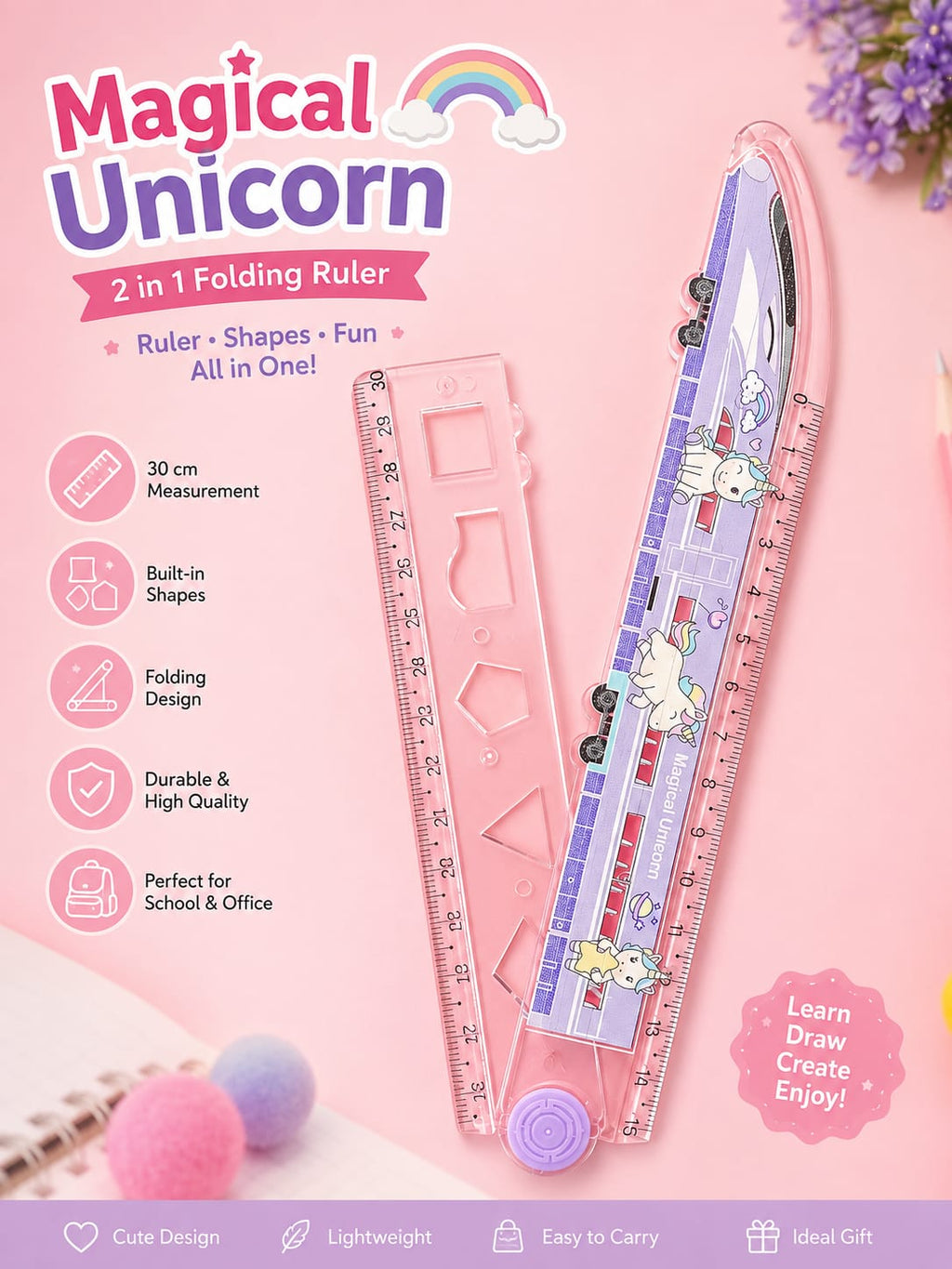Magical Unicorn 2-in-1 Folding Ruler | 30cm Measuring Scale with Built-in Geometry Shapes | Foldable Plastic Ruler for Kids, School & Office