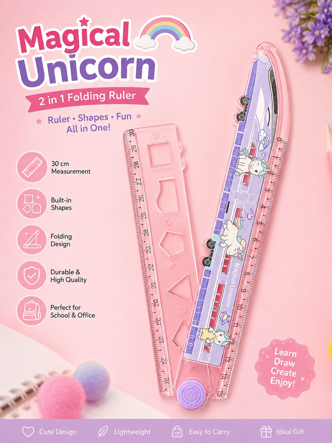 Magical Unicorn 2-in-1 Folding Ruler | 30cm Measuring Scale with Built-in Geometry Shapes | Foldable Plastic Ruler for Kids, School & Office