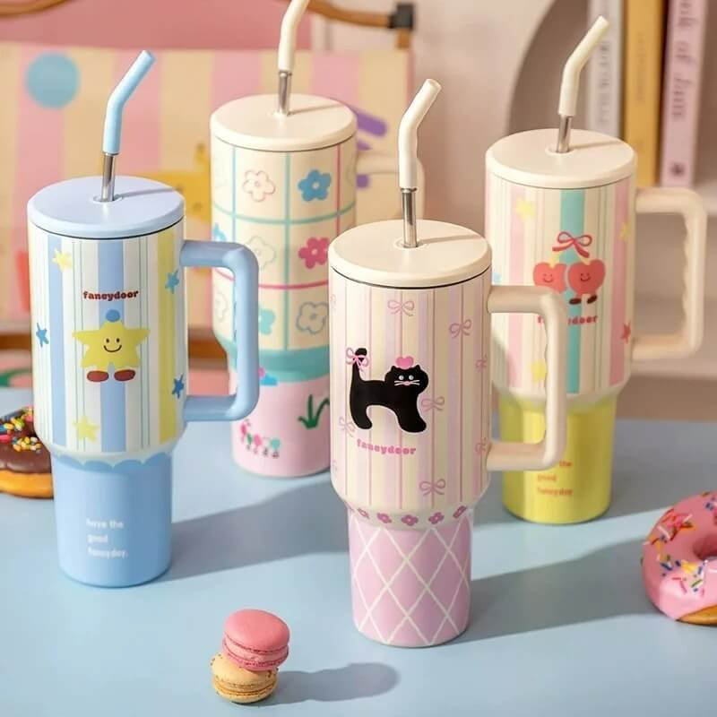 Korean Cute Tumbler with Straw & Handle, (710 mL) Travel Mug for Women & Girls, Leakproof Double Wall 316 Stainless Steel Insulated Cup for Coffee, Water, Juice & Cold Drinks