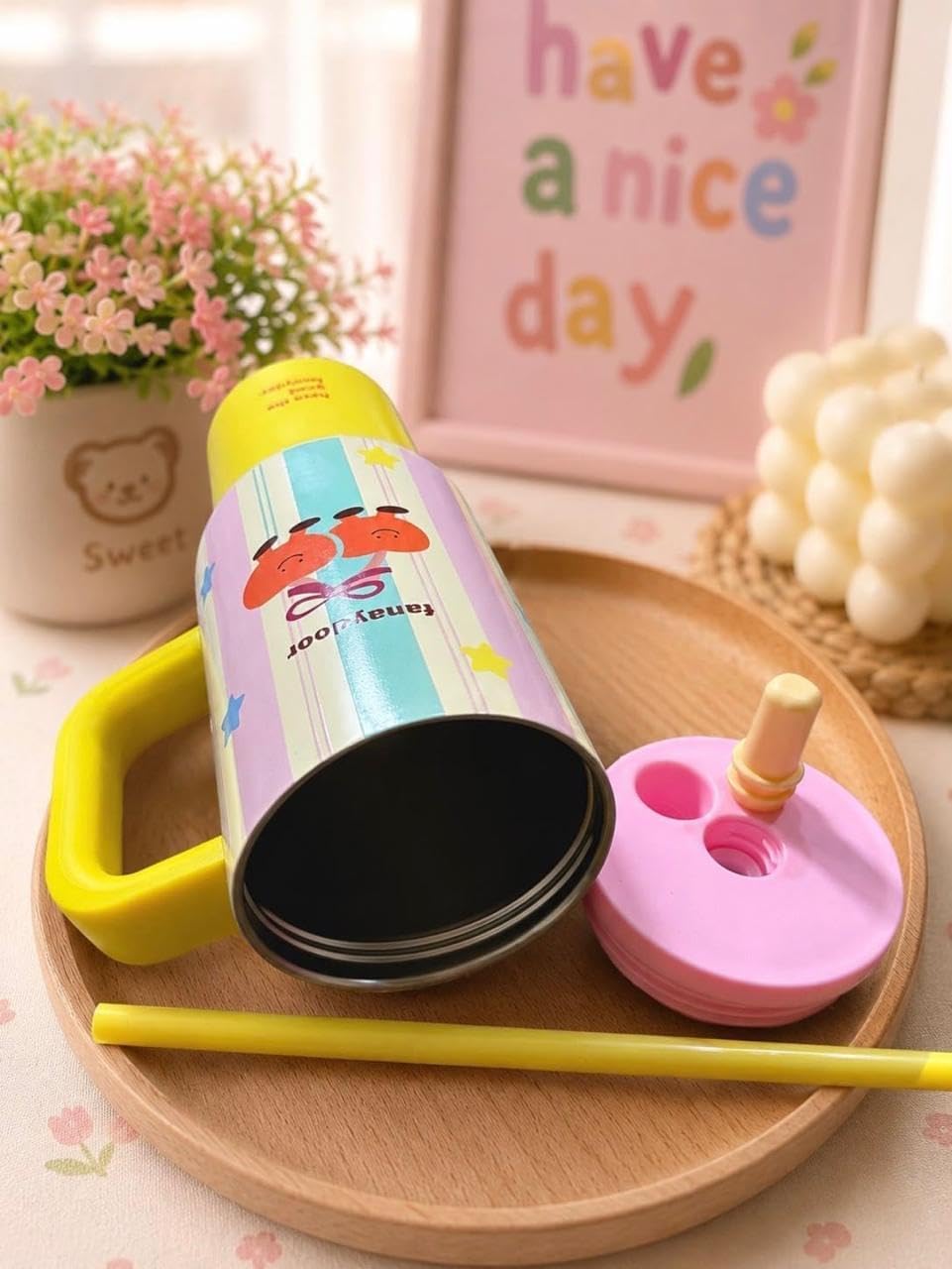 Korean Cute Tumbler with Straw & Handle, (710 mL) Travel Mug for Women & Girls, Leakproof Double Wall 316 Stainless Steel Insulated Cup for Coffee, Water, Juice & Cold Drinks