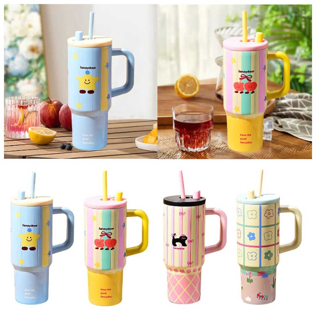 Korean Cute Tumbler with Straw & Handle, (710 mL) Travel Mug for Women & Girls, Leakproof Double Wall 316 Stainless Steel Insulated Cup for Coffee, Water, Juice & Cold Drinks
