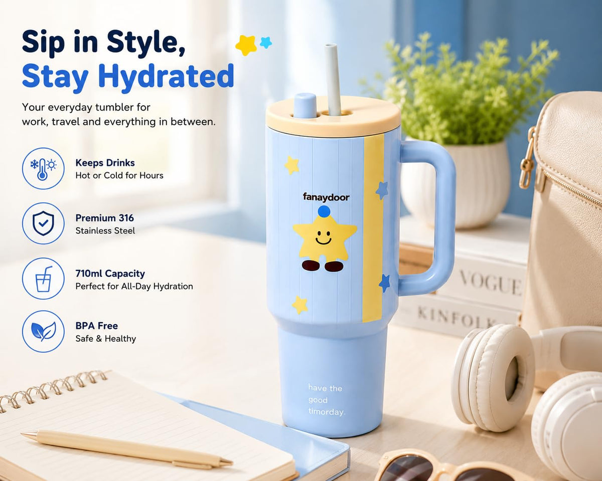 Korean Cute Tumbler with Straw & Handle, (710 mL) Travel Mug for Women & Girls, Leakproof Double Wall 316 Stainless Steel Insulated Cup for Coffee, Water, Juice & Cold Drinks