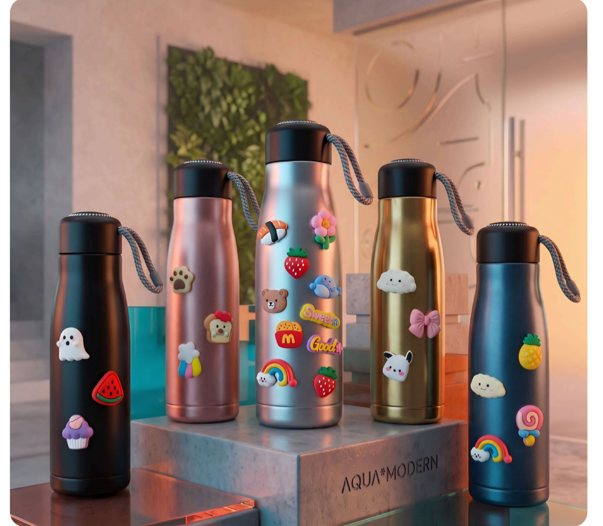 Cute Cartoon Sticker Stainless Steel Vacuum Insulated Water Bottle | Leakproof Thermal Flask | Hot & Cold Bottle | Portable Travel Bottle for Kids & Adults {Random Color}