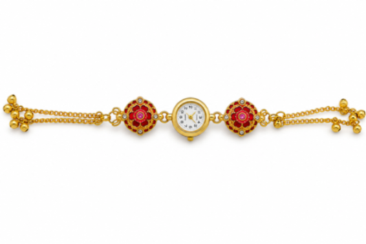 Traditional Floral Bracelet Watch for Women | Gold Plated Analog Wrist Watch with Red Floral Design | Ethnic Jewelry Style Watch for Girls & Women