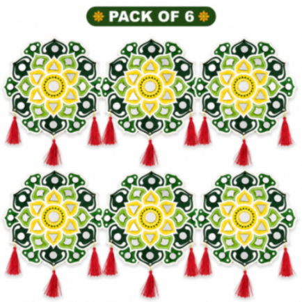 Pack of 6 Decorative Mirror Wall Hanging | Mandala Hanging Ornament with Red Tassels | Home, Diwali & Festival Decoration (random colour)