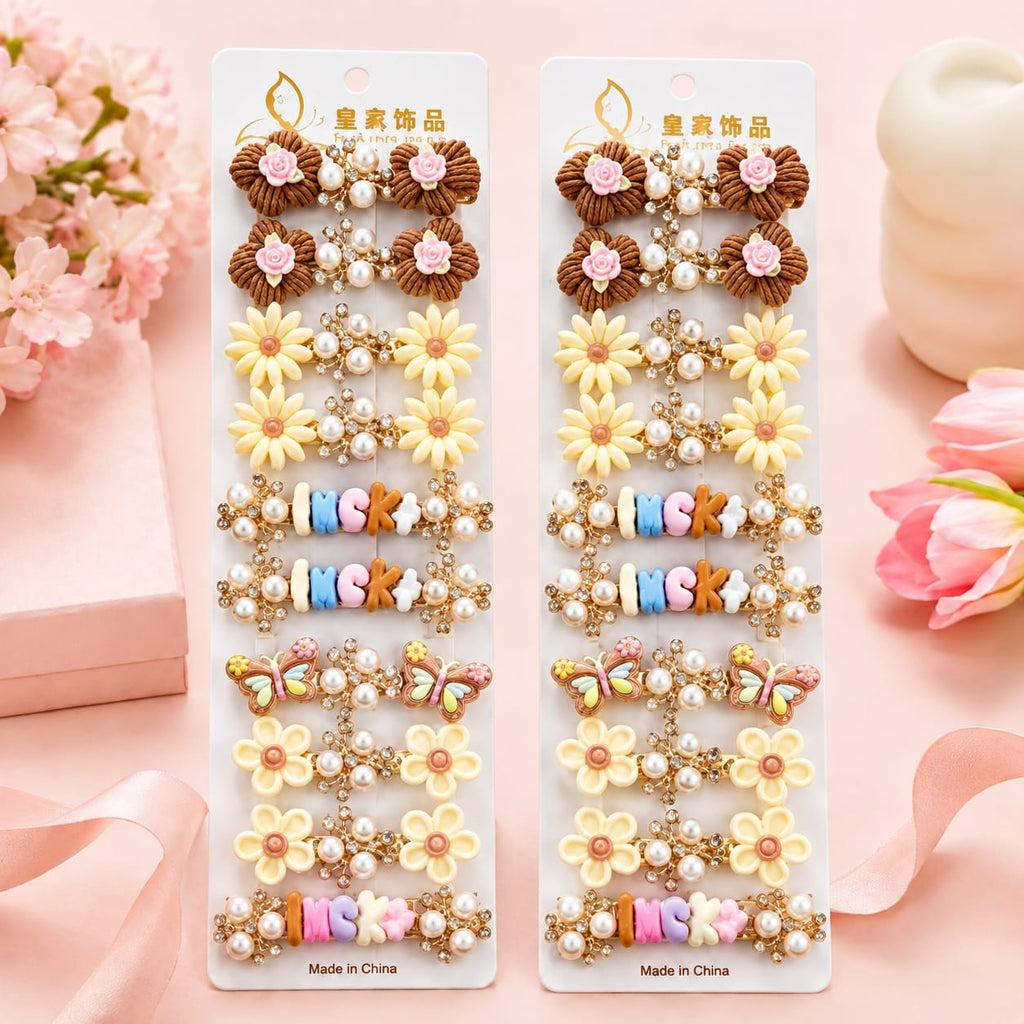 12 Pair Set Girls Fancy Hair Clips Set | Cute Flower & Pearl Hair Pins Combo Pack | Stylish Hair Accessories for Kids & Women
