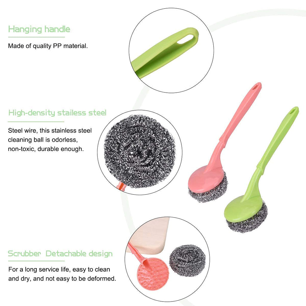 Stainless Steel Scrubbers with Handle - 1 Handles + 3 Scrubber - Cleaning Ball Utensil Metal Scrubber Scouring Pads Ball for Pot, Pan, Dish Wash, Cleaning Rust, Dirty Cleaner {Muticolor}