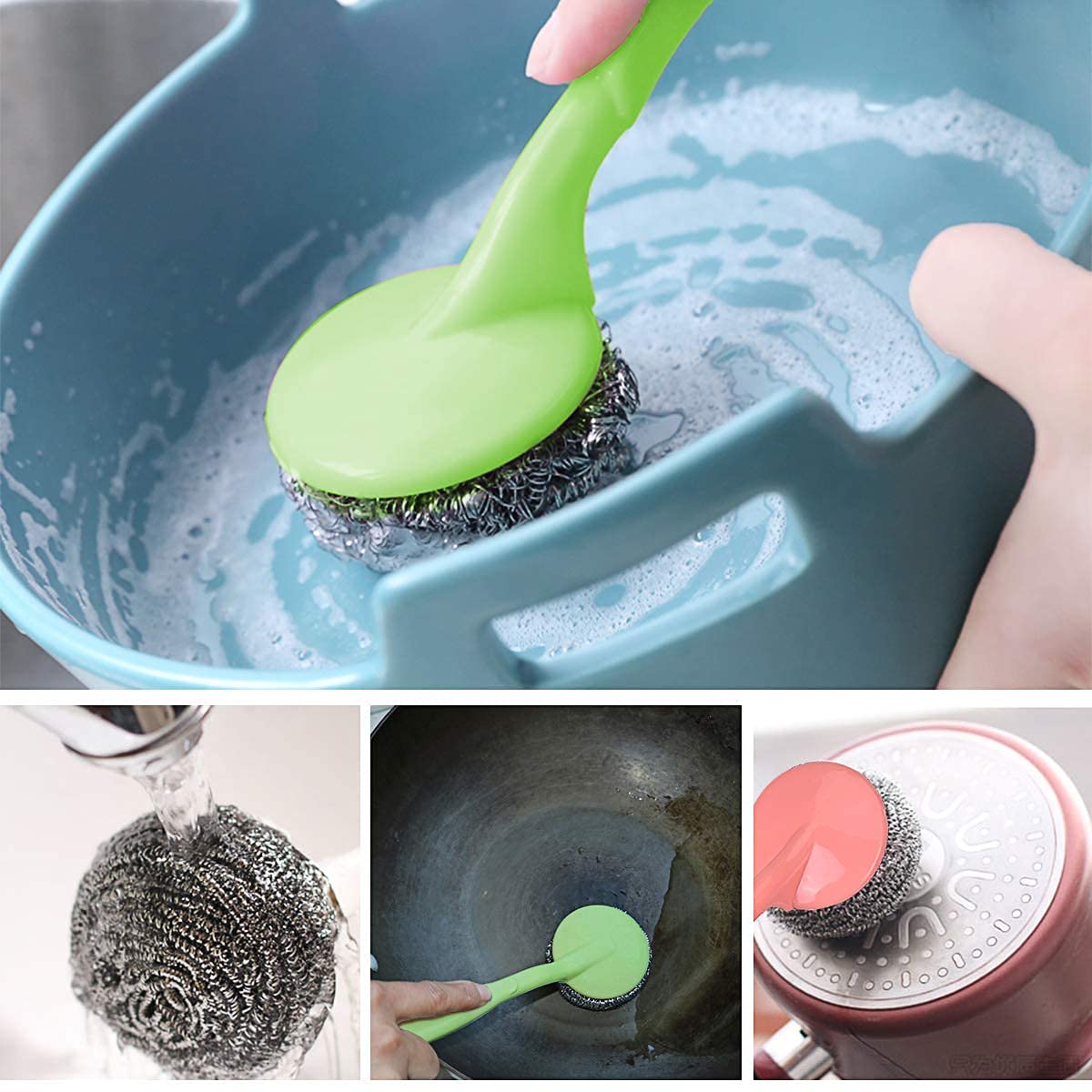 Stainless Steel Scrubbers with Handle - 1 Handles + 3 Scrubber - Cleaning Ball Utensil Metal Scrubber Scouring Pads Ball for Pot, Pan, Dish Wash, Cleaning Rust, Dirty Cleaner {Muticolor}