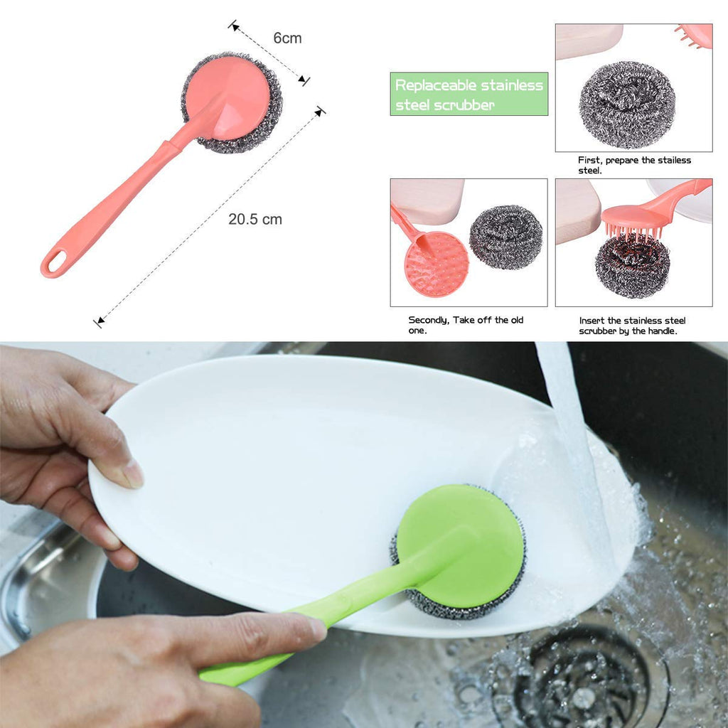 Stainless Steel Scrubbers with Handle - 1 Handles + 3 Scrubber - Cleaning Ball Utensil Metal Scrubber Scouring Pads Ball for Pot, Pan, Dish Wash, Cleaning Rust, Dirty Cleaner {Muticolor}