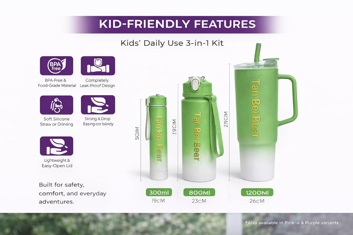 (Set of 3) Tumbler Bottle with Handle & Lid, 2 Straws with Straw Cap – Leakproof Sipper Bottle with Straw Kids Water Bottle for School & Travel {Multicolor}