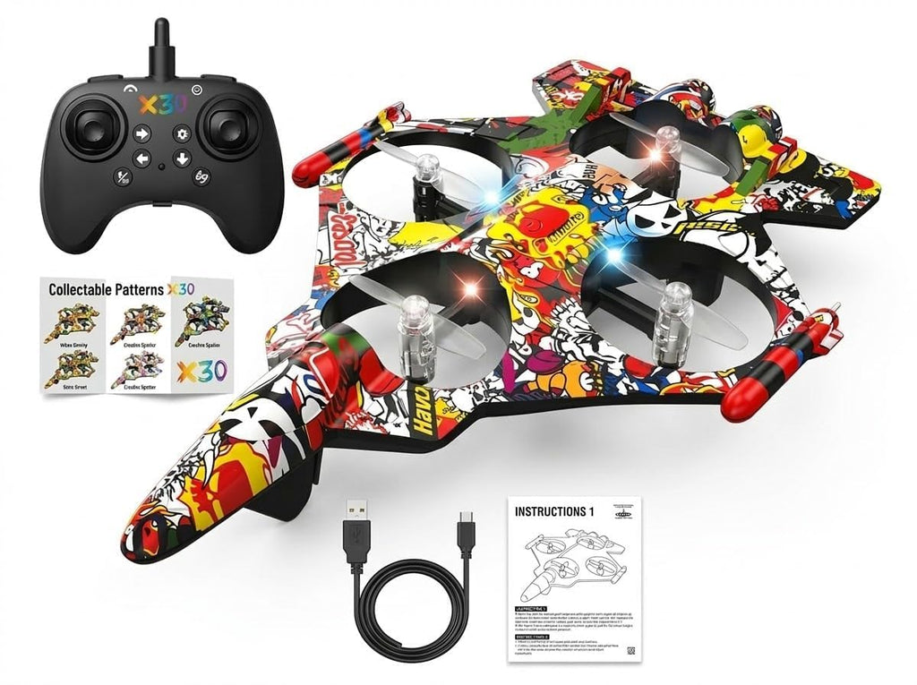 X30 RC Fighter Plane with Remote Control, 360 Degree Rotation, Rechargeable Battery, One Click Take-Off, Fighter Jet Design with LED Lights