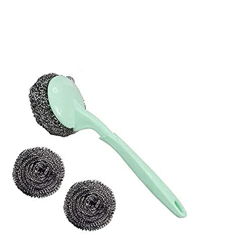 Stainless Steel Scrubbers with Handle - 1 Handles + 3 Scrubber - Cleaning Ball Utensil Metal Scrubber Scouring Pads Ball for Pot, Pan, Dish Wash, Cleaning Rust, Dirty Cleaner {Muticolor}