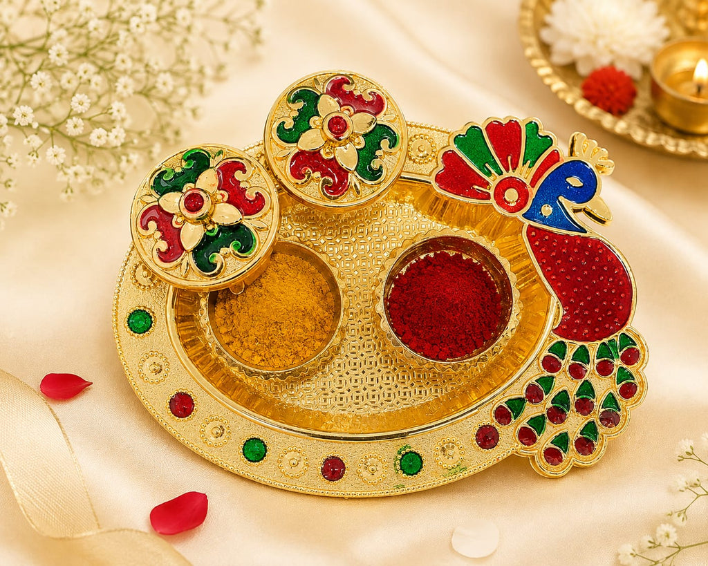 Premium Peacock Design Pooja Thali kumkum holder Set for Festive & Religious Occasions (Random Design)
