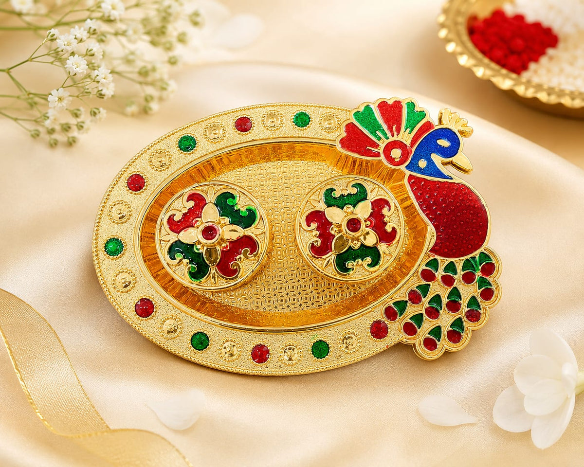 Premium Peacock Design Pooja Thali kumkum holder Set for Festive & Religious Occasions (Random Design)