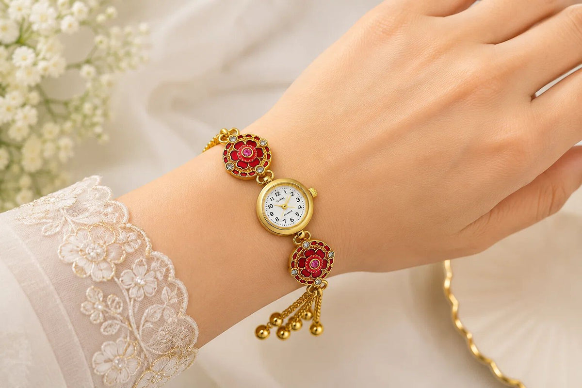 Traditional Floral Bracelet Watch for Women | Gold Plated Analog Wrist Watch with Red Floral Design | Ethnic Jewelry Style Watch for Girls & Women