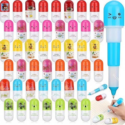 (24 PCS) Cute Capsule Pen for Kids – Colorful Cartoon Design, Fun Writing & School Stationery