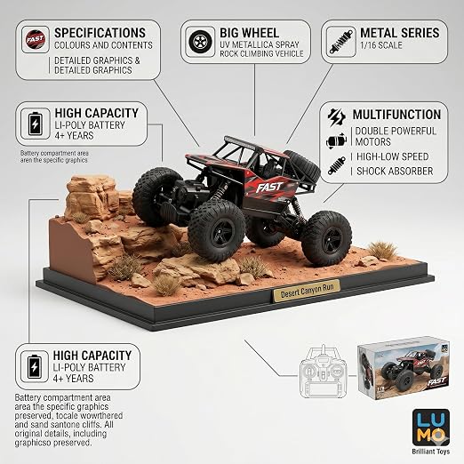 Premium Alloy Rock Crawler - Rechargeable Remote Control Car Toy with Off-Road RC 2WD Monster Truck Gift for Kids Boys and Girls Age 4-12+ (2 colour available)