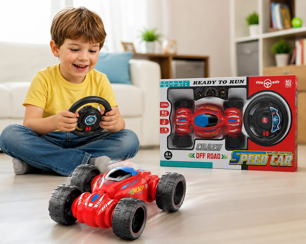 Remote Control Stunt Car for Kids – 360° Flipping RC Off-Road Crawler, High-Speed Electric Toy Car with Steering Wheel Controller for Boys & Girls – Red