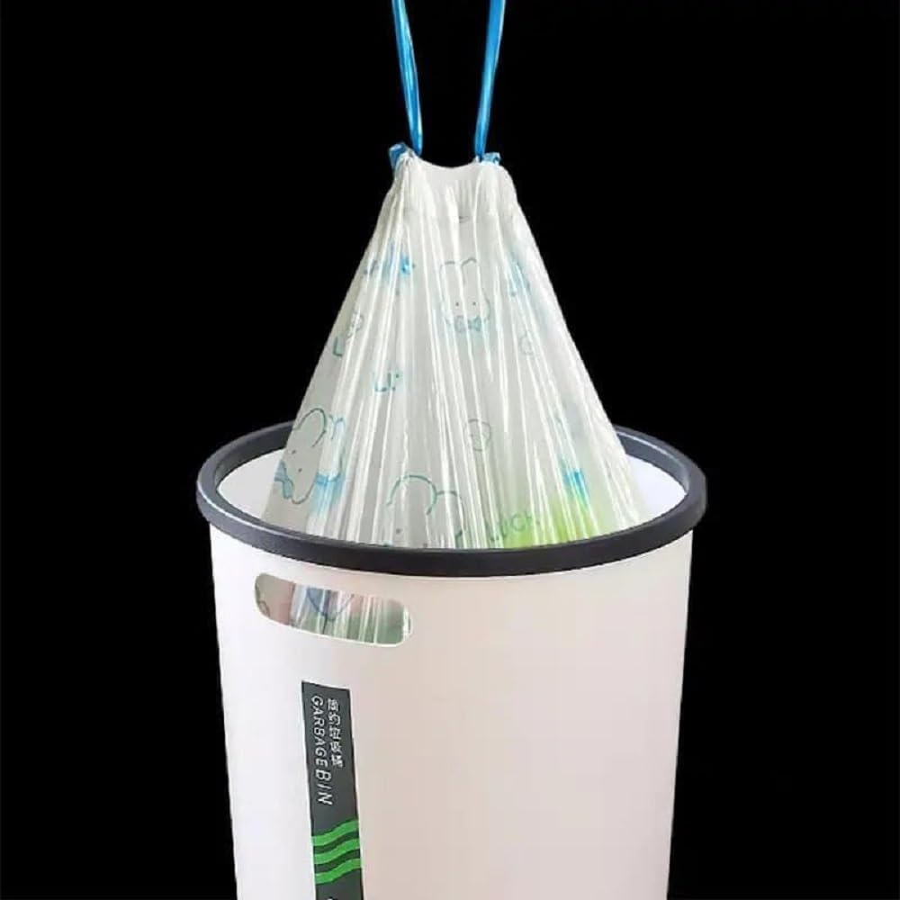 Drawstring Garbage Bags, 1 Roll, Tear-Resistant Disposable Bin Liners with Detachable Handles for Wet and Dry Waste, Kitchen Dustbin, Shopping and Home Use