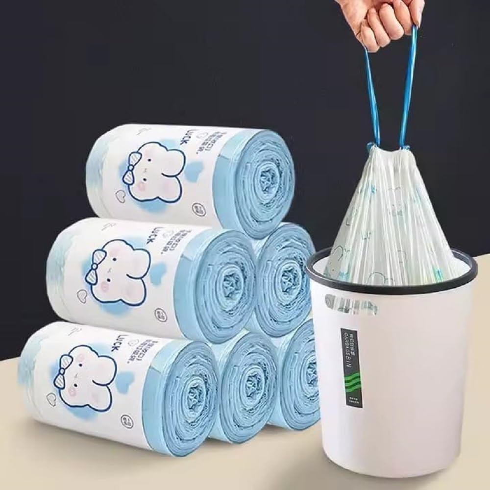 Drawstring Garbage Bags, 1 Roll, Tear-Resistant Disposable Bin Liners with Detachable Handles for Wet and Dry Waste, Kitchen Dustbin, Shopping and Home Use