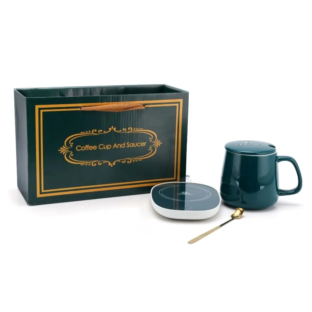 Tea/Coffee Mug Warmer - 350 Ml | Heating Function Electric Warmer Plate with Auto Shut Off | for Home and Office Use | Includes: Mug, Lid and Heating Plate - Green