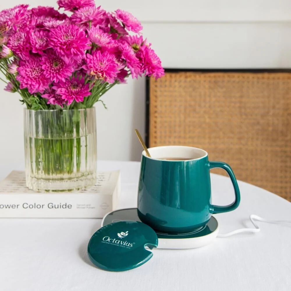 Tea/Coffee Mug Warmer - 350 Ml | Heating Function Electric Warmer Plate with Auto Shut Off | for Home and Office Use | Includes: Mug, Lid and Heating Plate - Green