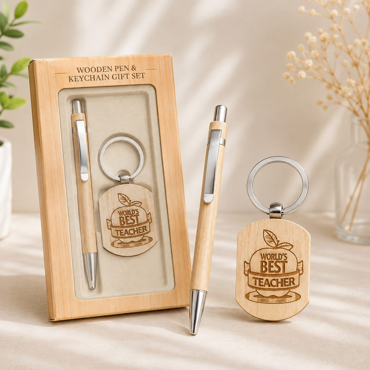 Premium Gifting Wooden Pen with Keychain Engraved Message for Teachers Days Ball Pen (Ink Color - Blue)