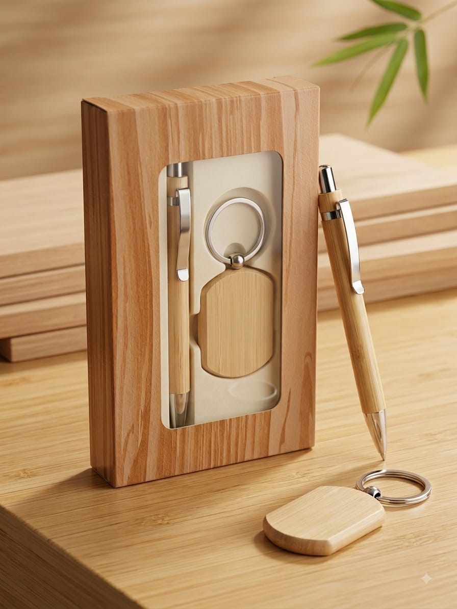 2 in 1 Personalised Gift Set - Pen and Keychain | Wooden Key Ring and Ball Pens | Customised Gift for Men, Women, Birthday, Anniversary, Corporate Gifting