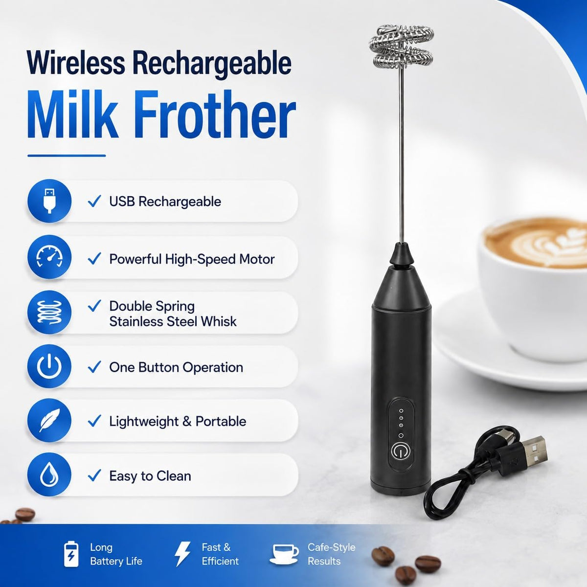 Rechargeable Milk Frother, 3-Speed Electric Coffee Beater & Hand Blender with Dual Spring Whisk | Type-C Fast Charging for Latte, Cappuccino & Matcha