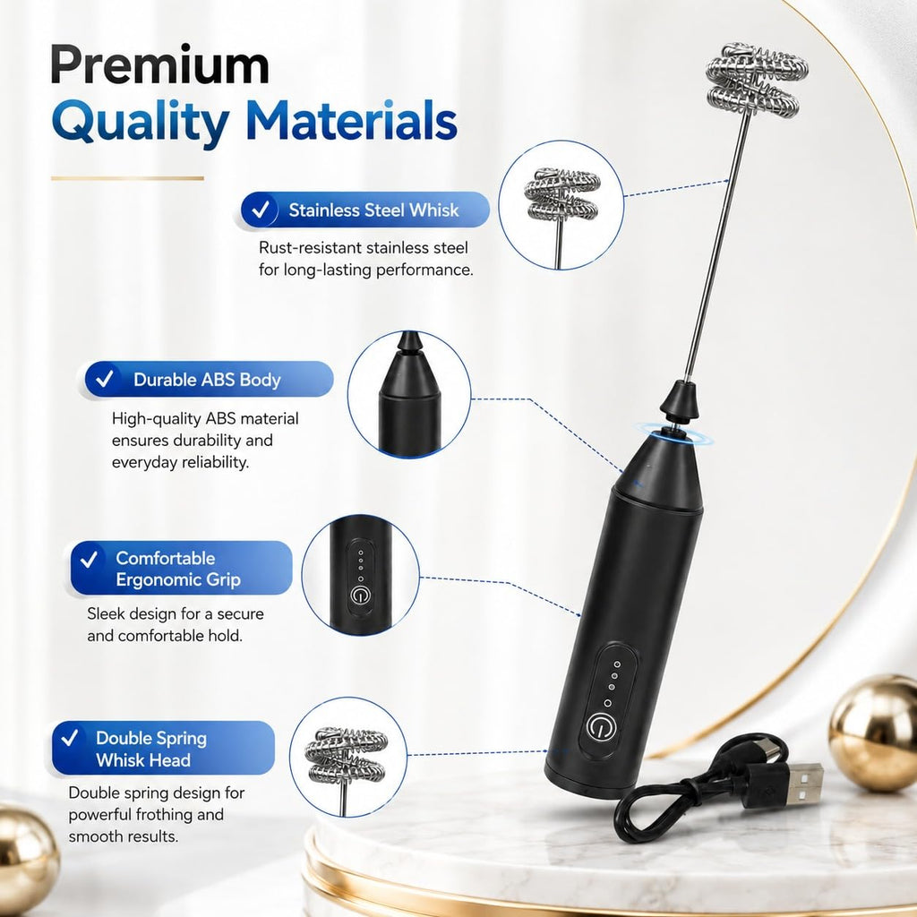 Rechargeable Milk Frother, 3-Speed Electric Coffee Beater & Hand Blender with Dual Spring Whisk | Type-C Fast Charging for Latte, Cappuccino & Matcha