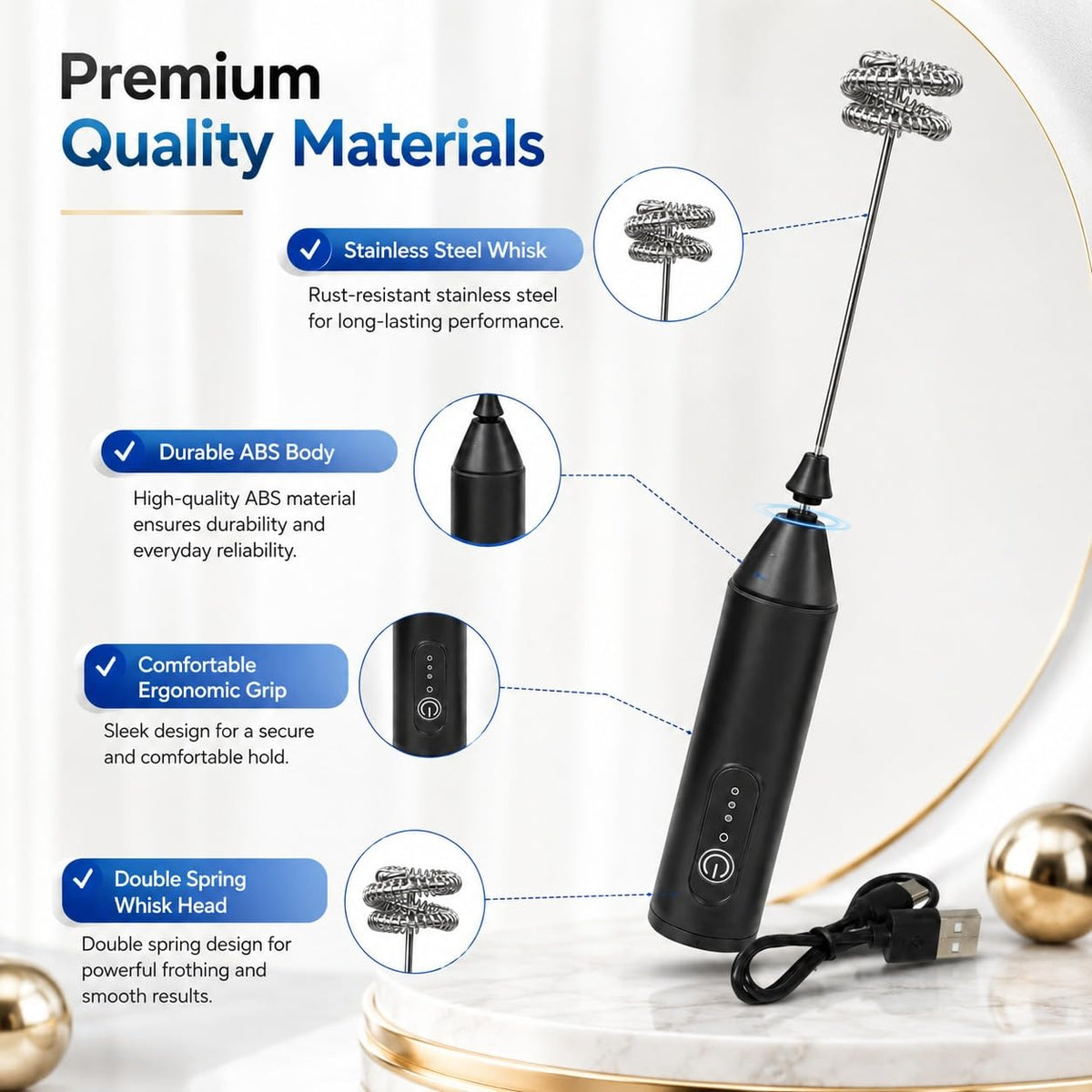 Rechargeable Milk Frother, 3-Speed Electric Coffee Beater & Hand Blender with Dual Spring Whisk | Type-C Fast Charging for Latte, Cappuccino & Matcha