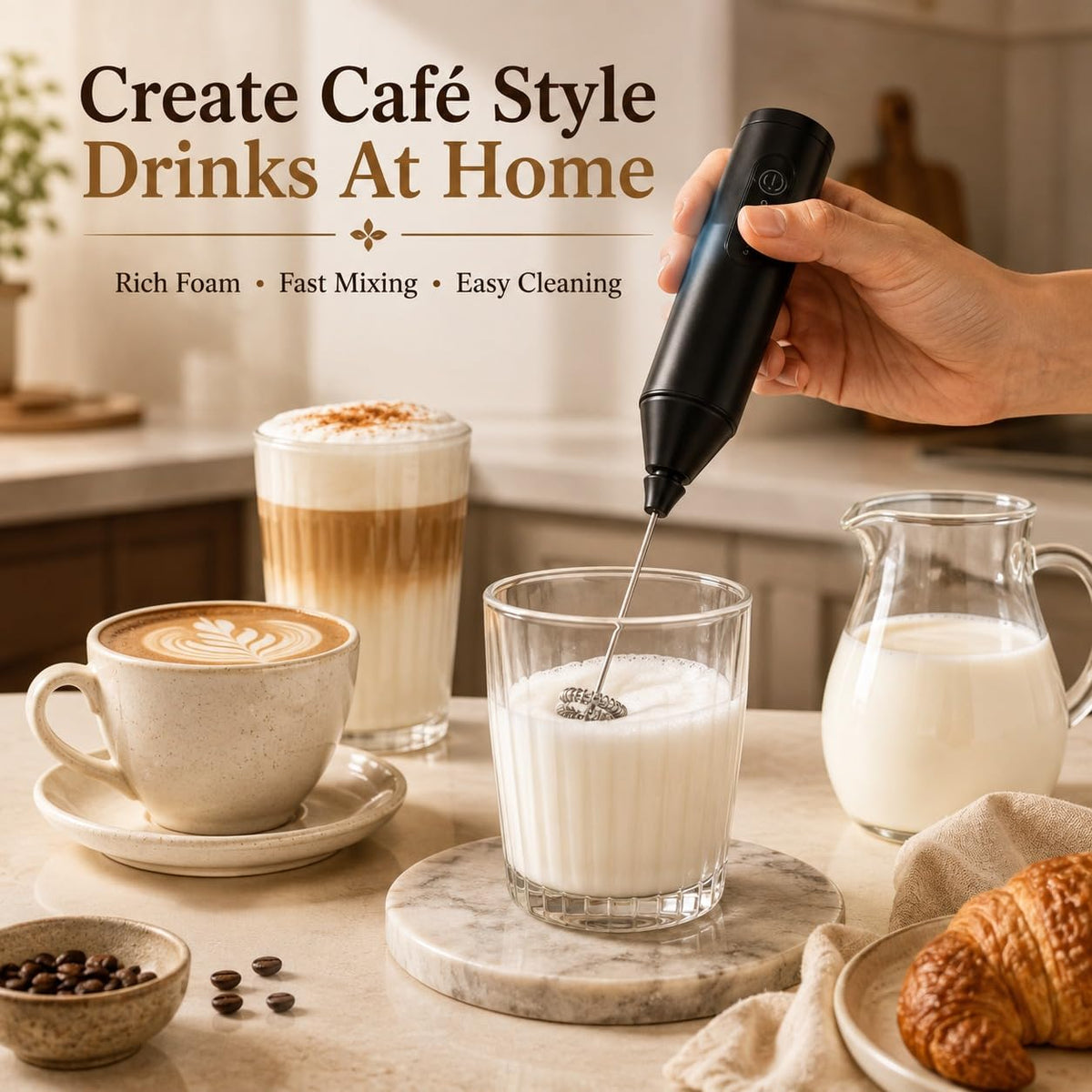 Rechargeable Milk Frother, 3-Speed Electric Coffee Beater & Hand Blender with Dual Spring Whisk | Type-C Fast Charging for Latte, Cappuccino & Matcha