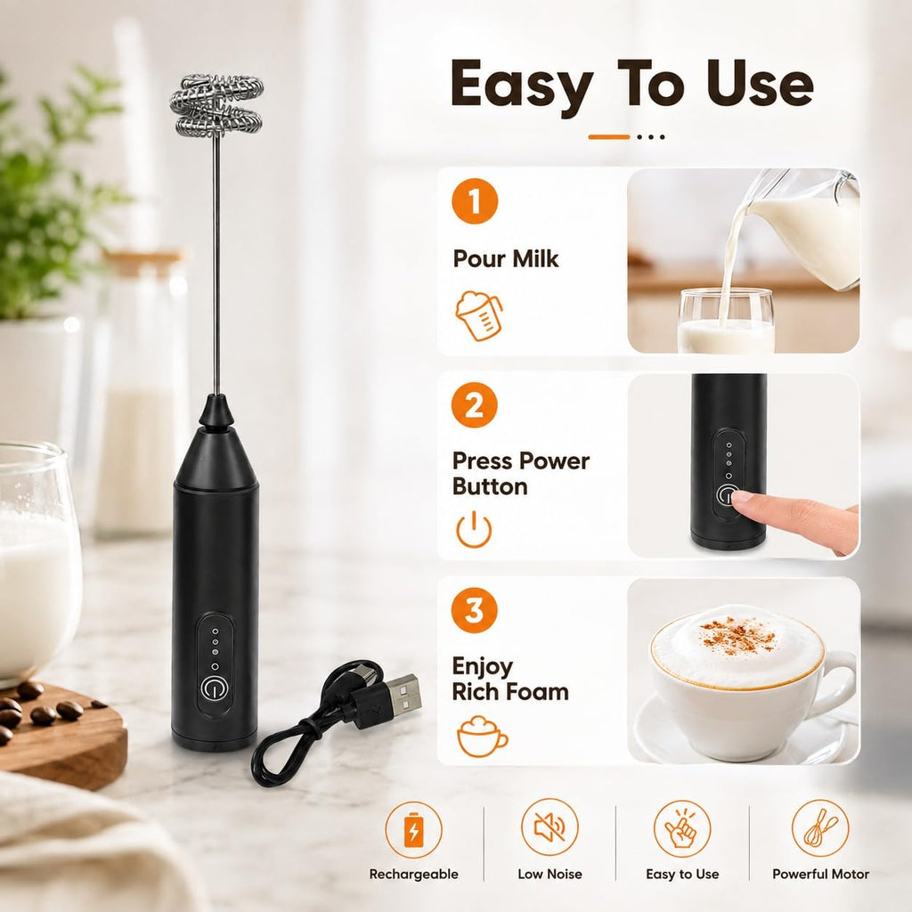 Rechargeable Milk Frother, 3-Speed Electric Coffee Beater & Hand Blender with Dual Spring Whisk | Type-C Fast Charging for Latte, Cappuccino & Matcha
