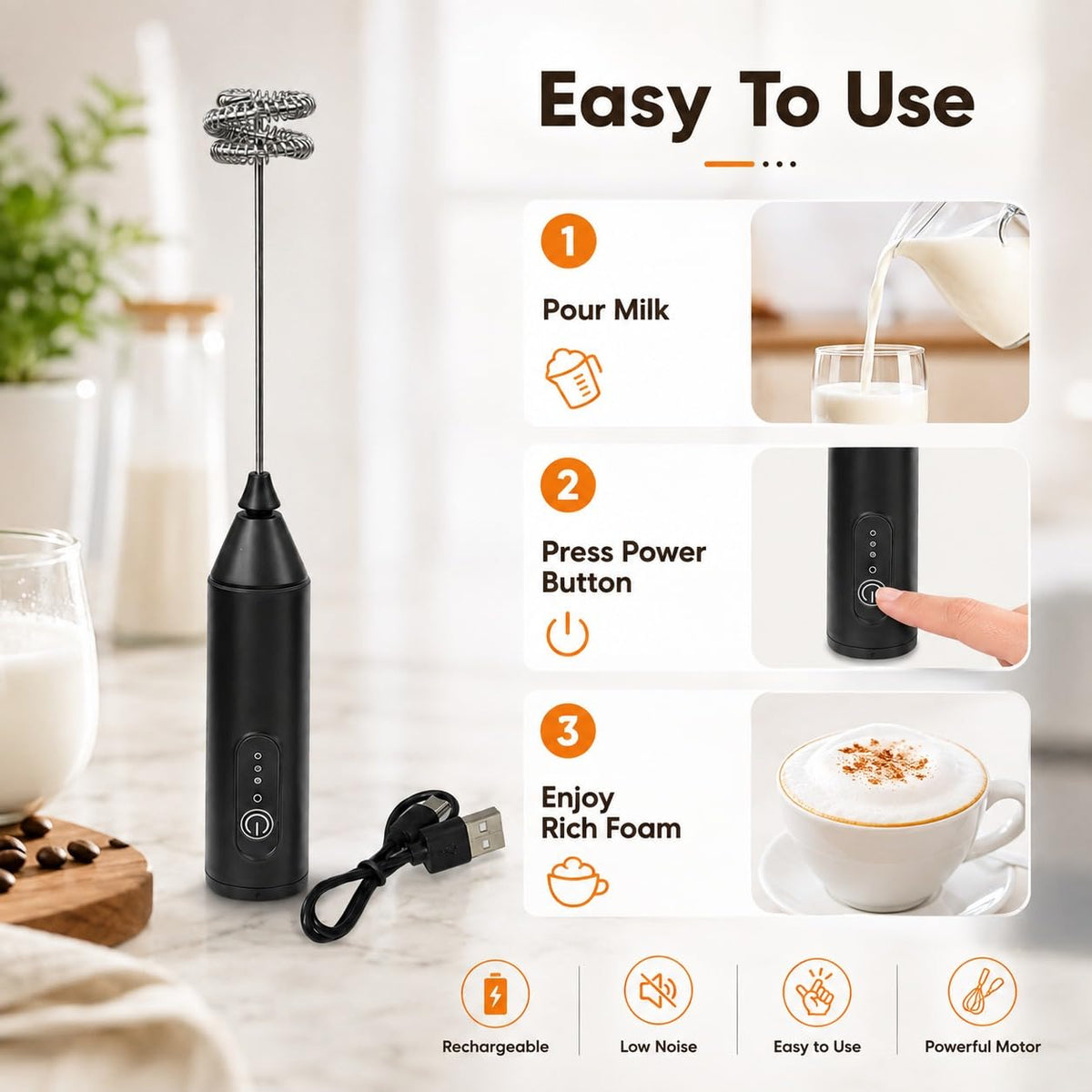 Rechargeable Milk Frother, 3-Speed Electric Coffee Beater & Hand Blender with Dual Spring Whisk | Type-C Fast Charging for Latte, Cappuccino & Matcha