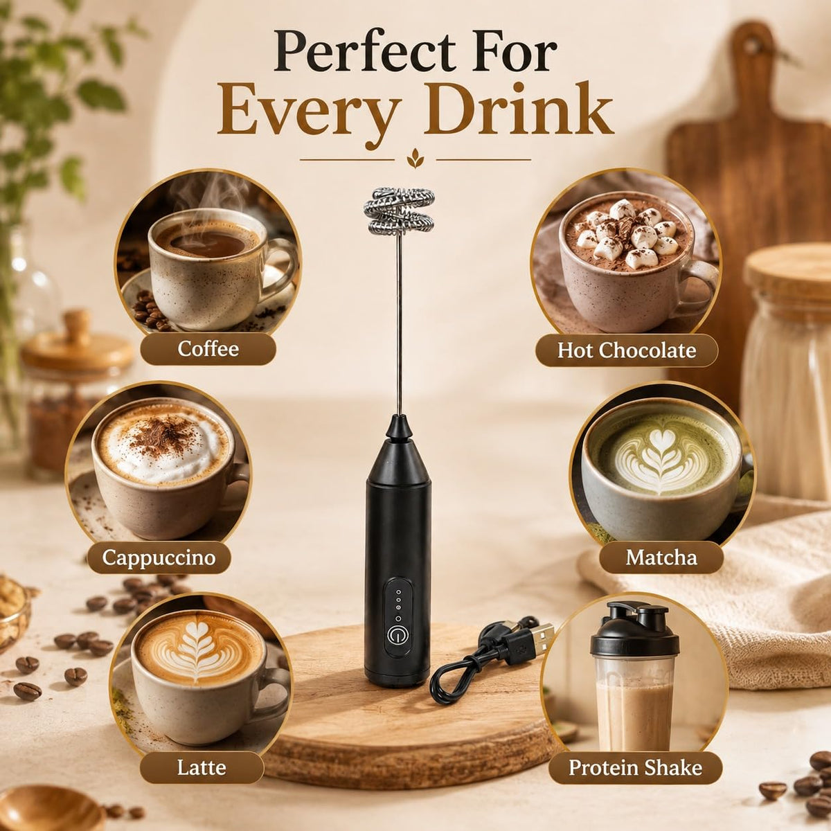 Rechargeable Milk Frother, 3-Speed Electric Coffee Beater & Hand Blender with Dual Spring Whisk | Type-C Fast Charging for Latte, Cappuccino & Matcha