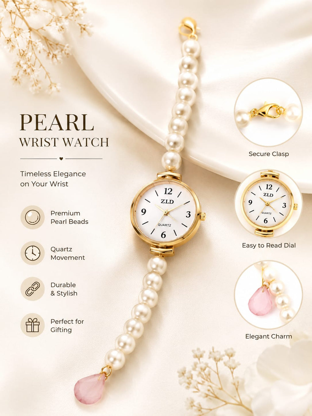 Elegant Pearl Beaded Wrist Watch for Women & Girls – Stylish Gold-Tone Bracelet Watch