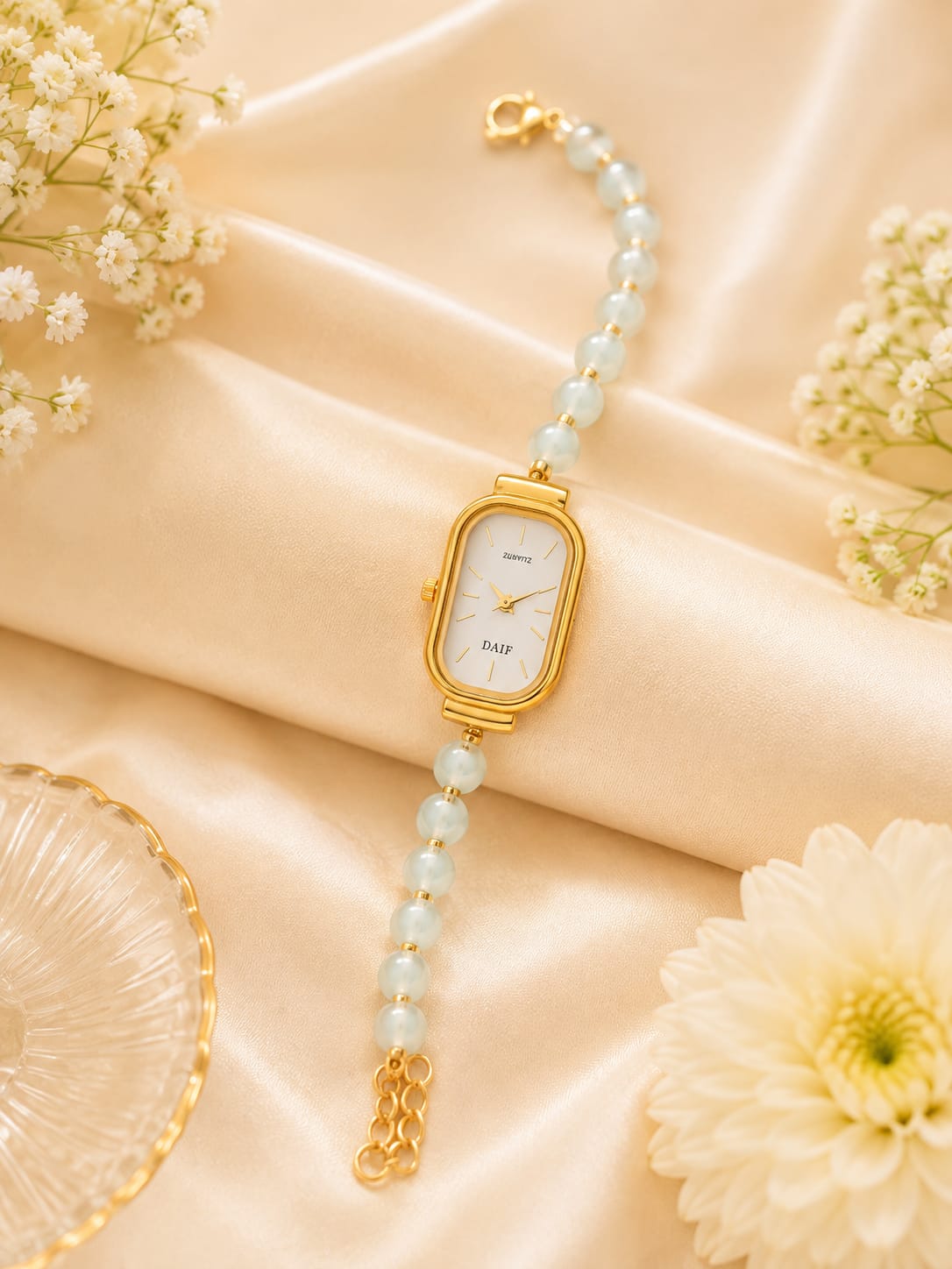 Elegant Pearl Beaded Wrist Watch for Women & Girls – Stylish Gold-Tone Bracelet Watch