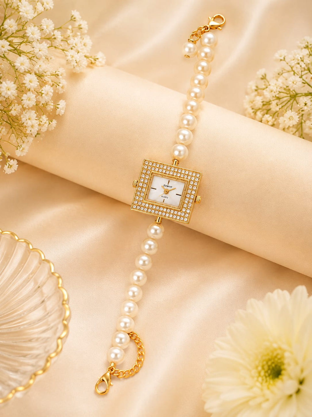 Elegant Pearl Beaded Wrist Watch for Women & Girls – Stylish Gold-Tone Bracelet Watch