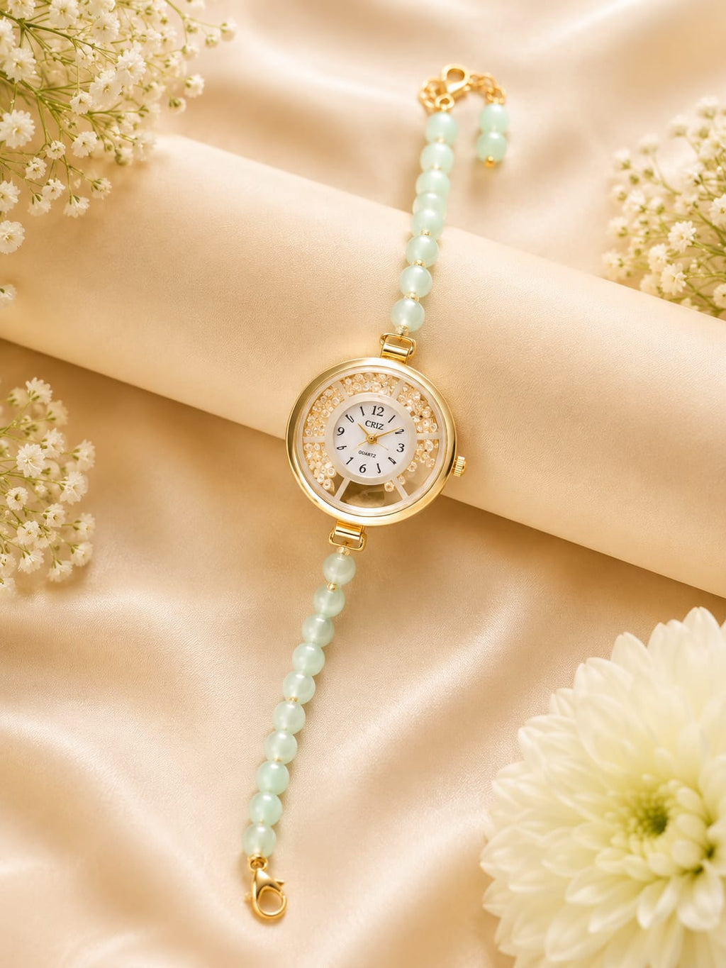 Elegant Pearl Beaded Wrist Watch for Women & Girls – Stylish Gold-Tone Bracelet Watch