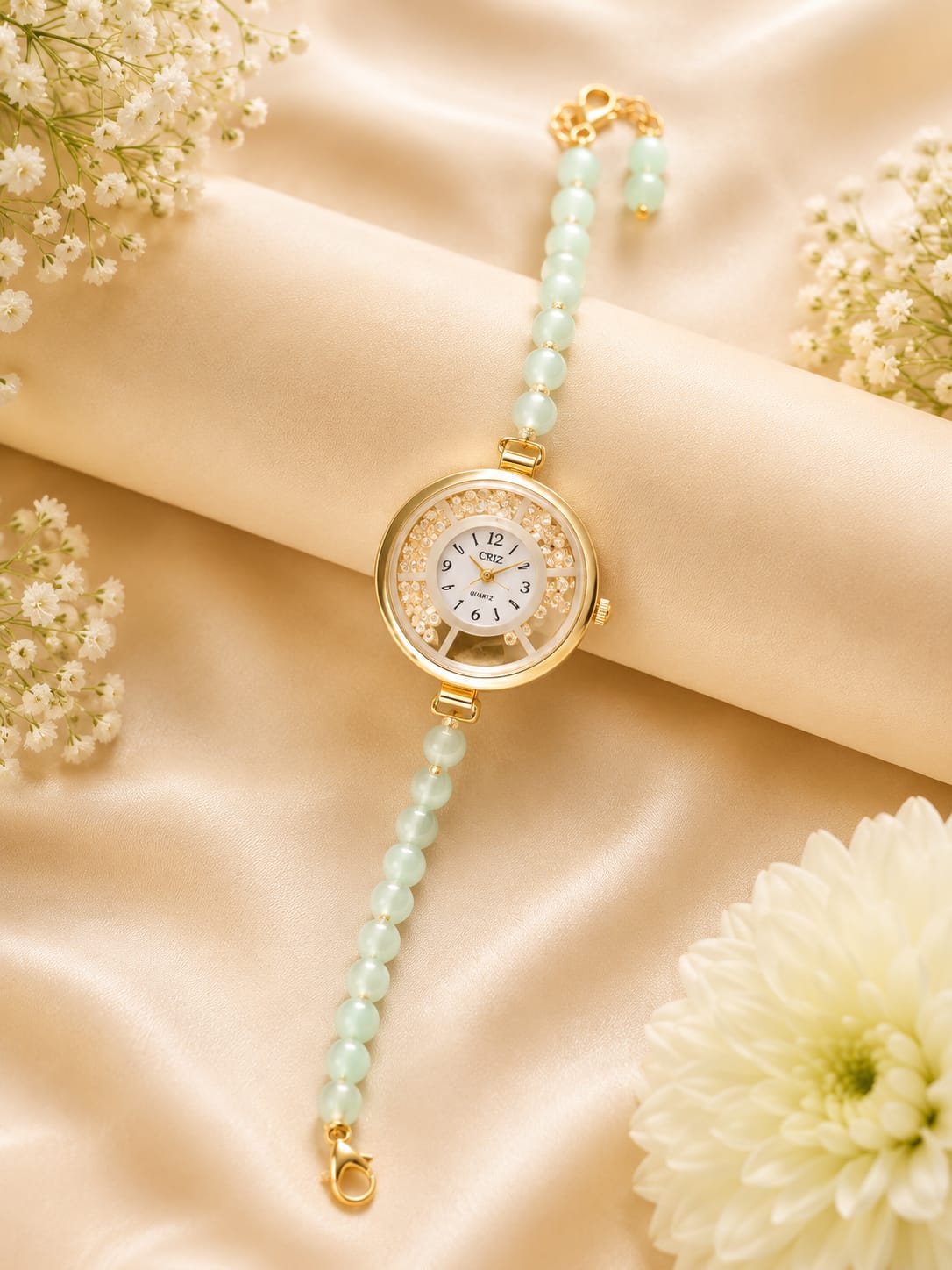 Elegant Pearl Beaded Wrist Watch for Women & Girls – Stylish Gold-Tone Bracelet Watch