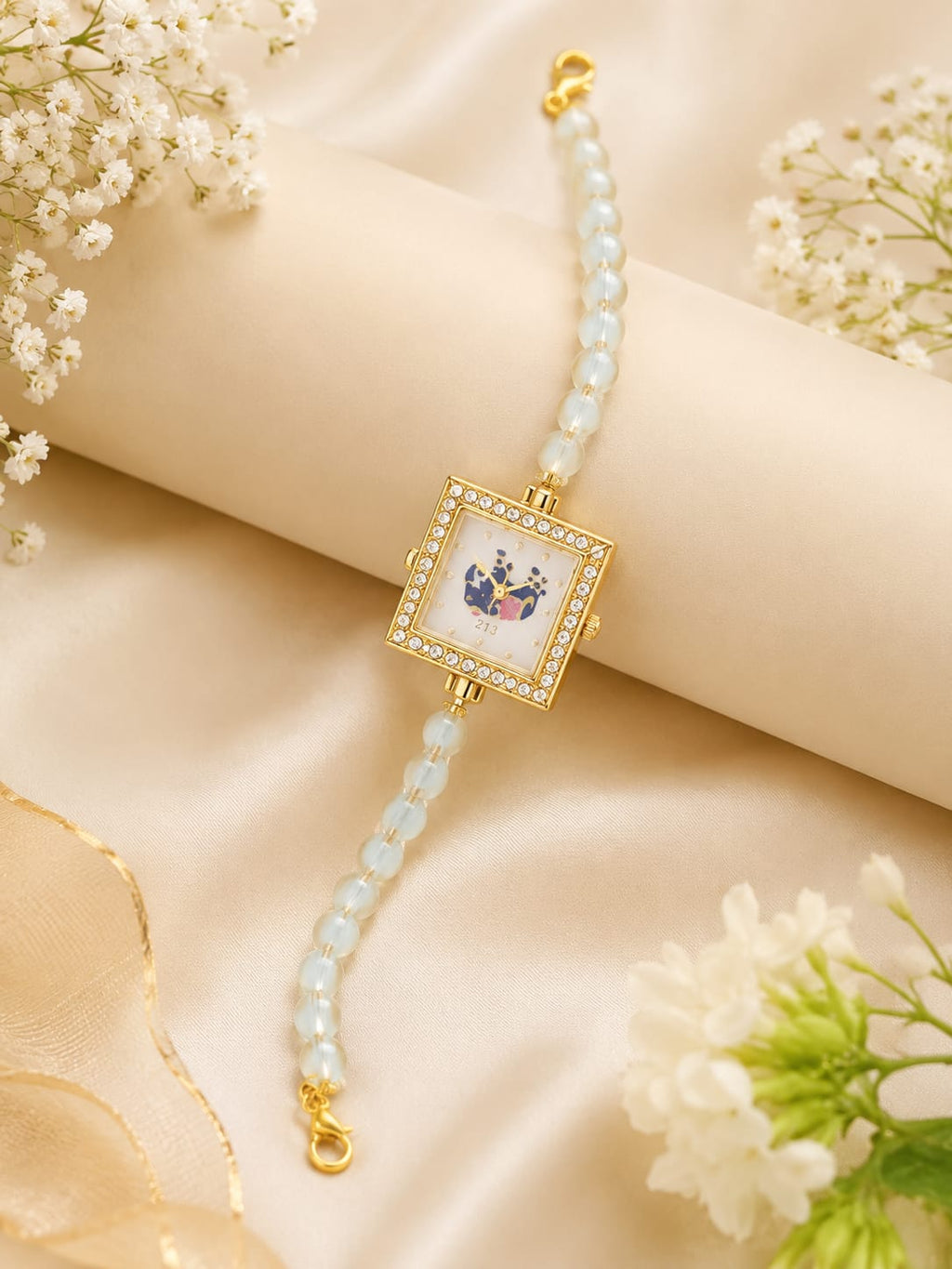 Elegant Pearl Beaded Wrist Watch for Women & Girls – Stylish Gold-Tone Bracelet Watch
