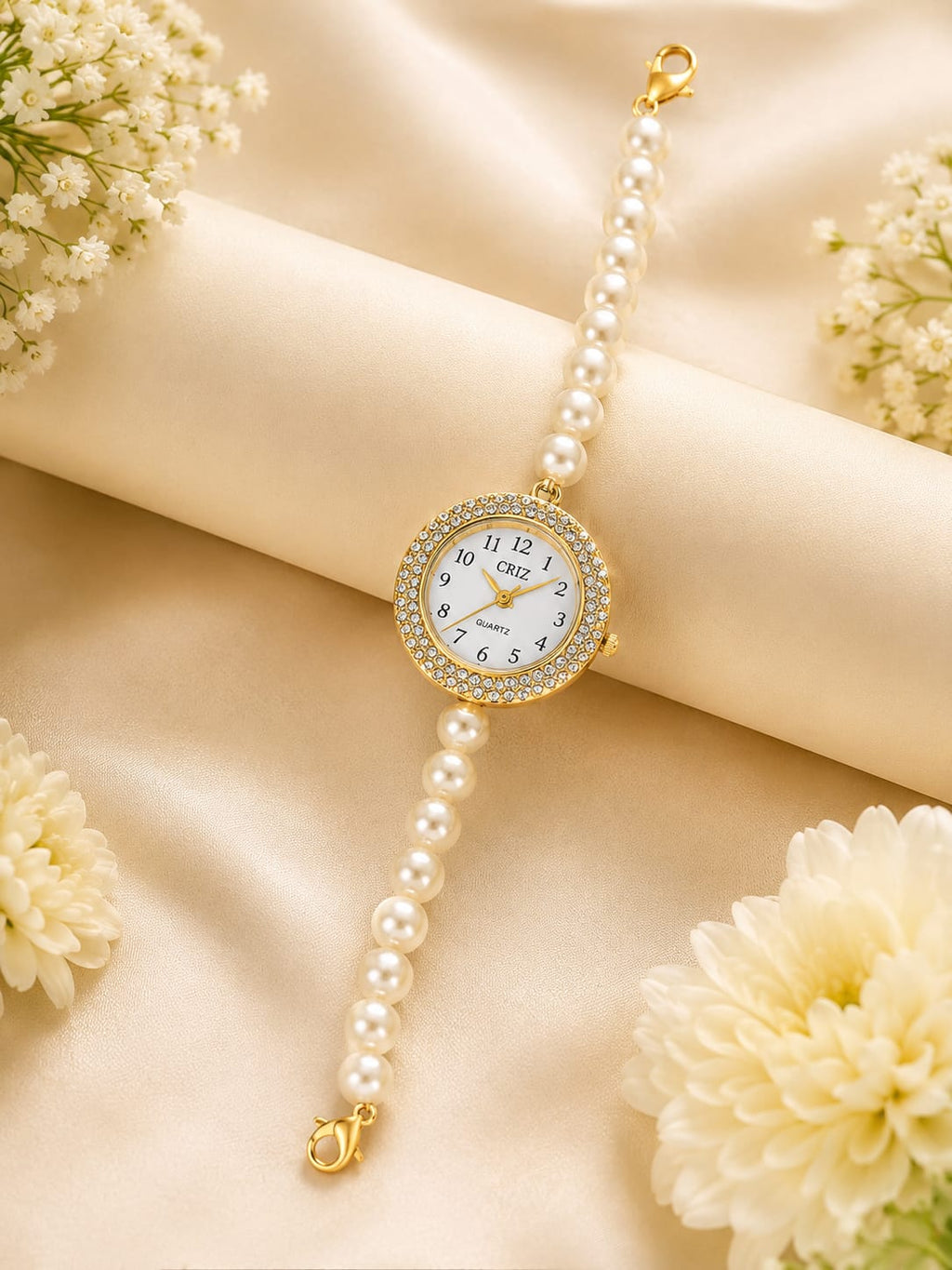 Elegant Pearl Beaded Wrist Watch for Women & Girls – Stylish Gold-Tone Bracelet Watch