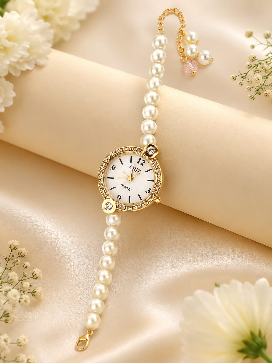 Elegant Pearl Beaded Wrist Watch for Women & Girls – Stylish Gold-Tone Bracelet Watch